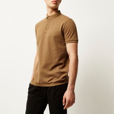 Camel textured slim fit polo shirt